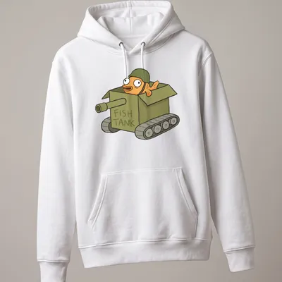 Cartoon fish in a military tank with bold text FISH TANK above it — printed on a unisex hoodie