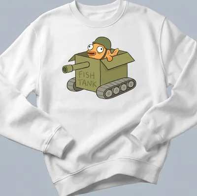 Cartoon fish in a military tank with bold text FISH TANK above it — printed on a unisex sweatshirt