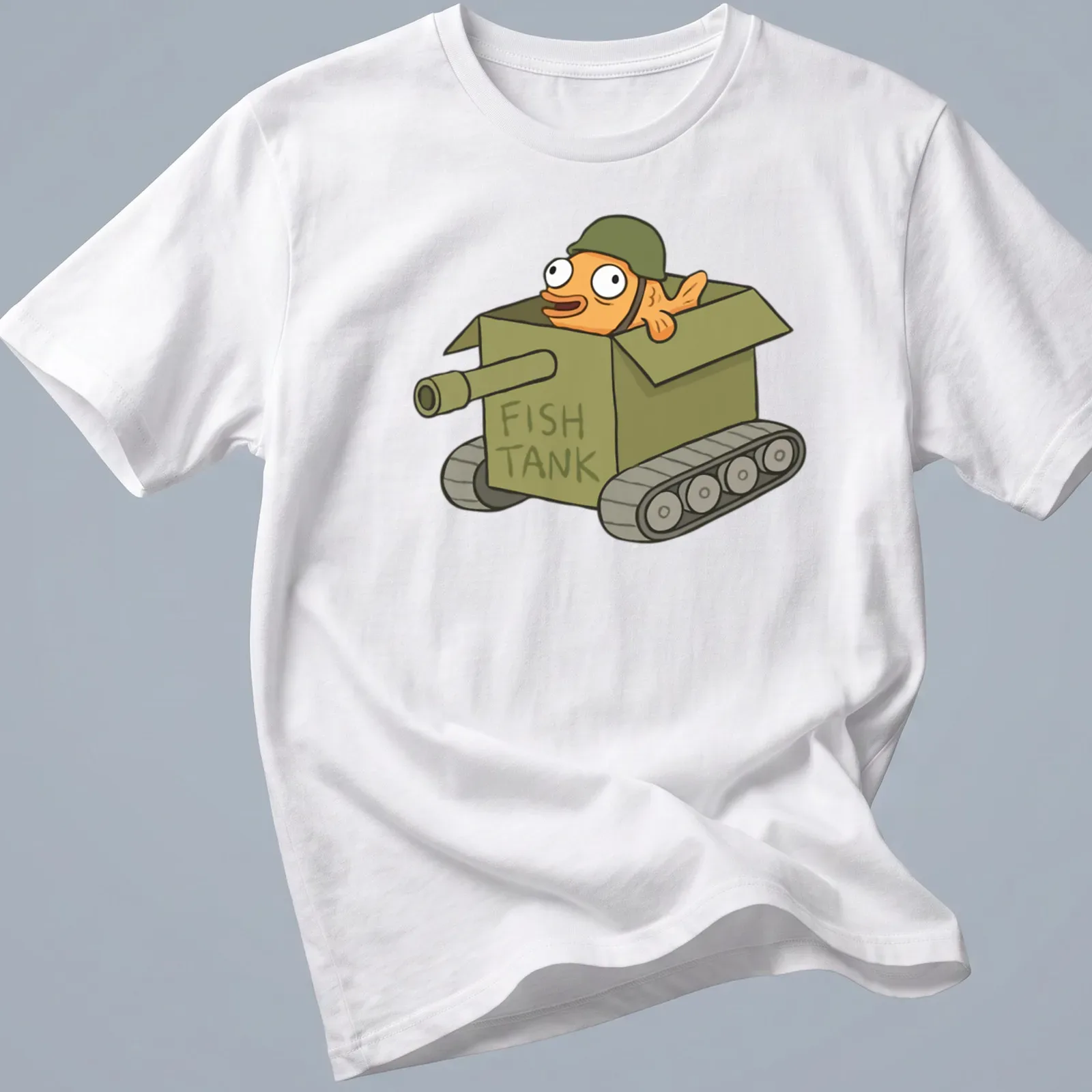 Cartoon fish in a military tank with bold text FISH TANK above it — printed on a unisex t-shirt