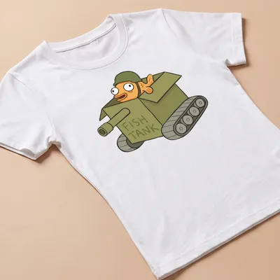 Cartoon fish in a military tank with bold text FISH TANK above it — printed on a women's shirt