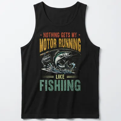 Vintage illustration of fish and rod with text about fishing passion — printed on a tank top