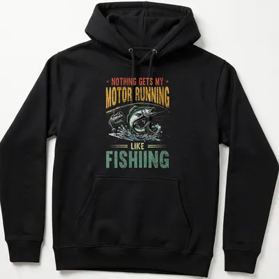Vintage illustration of fish and rod with text about fishing passion — printed on a unisex hoodie