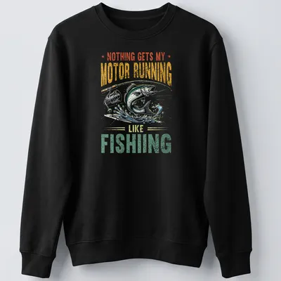 Vintage illustration of fish and rod with text about fishing passion — printed on a unisex sweatshirt