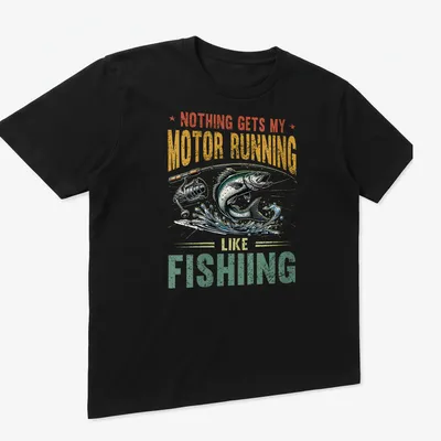 Vintage illustration of fish and rod with text about fishing passion — printed on a unisex t-shirt (angled view)