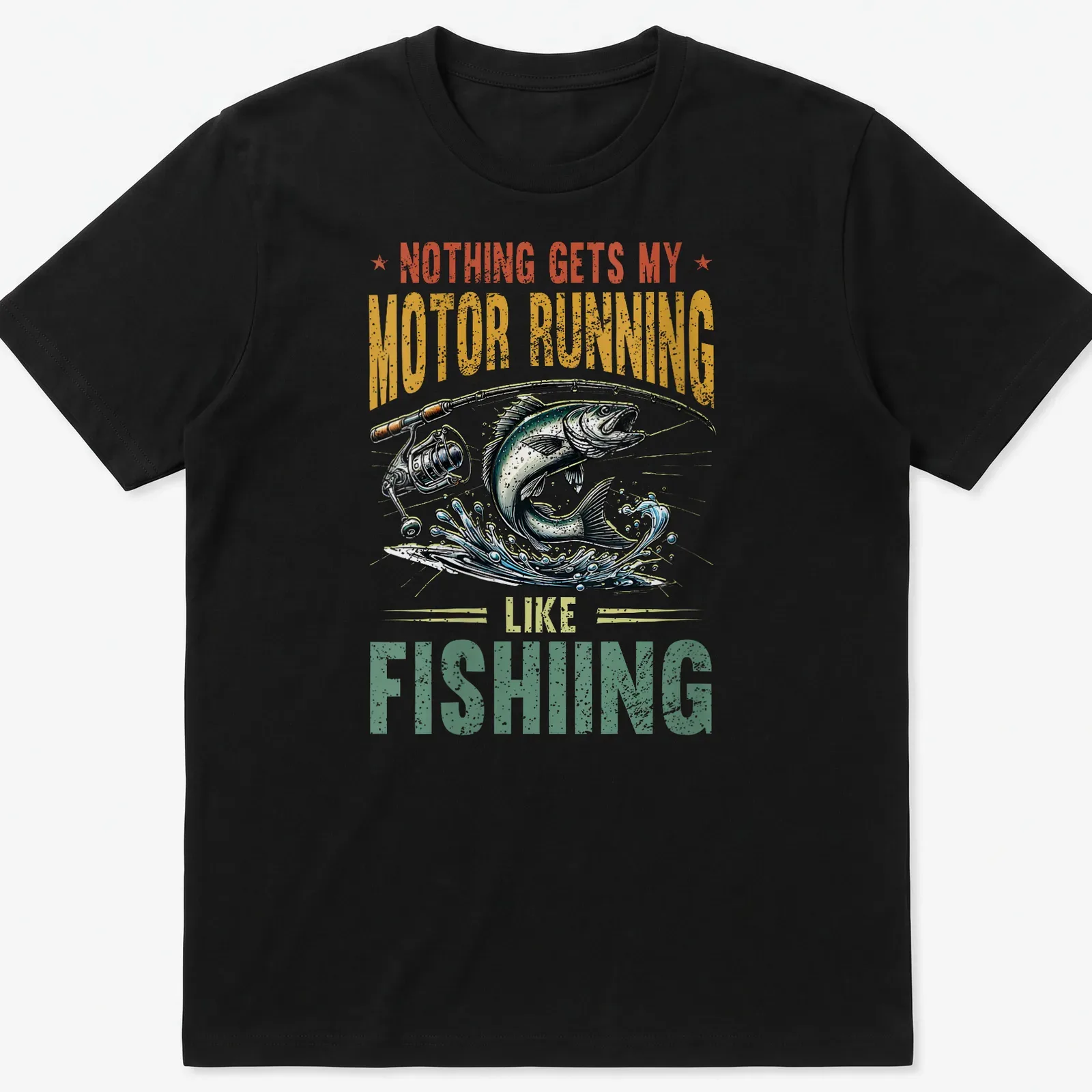 Vintage illustration of fish and rod with text about fishing passion — printed on a unisex t-shirt