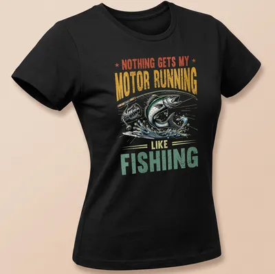 Vintage illustration of fish and rod with text about fishing passion — printed on a women's shirt