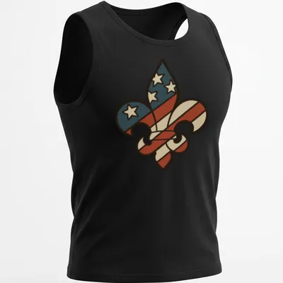 Bold Fleur De Lis on an American flag background with red, white, blue, and cream colors. — printed on a tank top