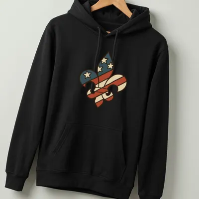 Bold Fleur De Lis on an American flag background with red, white, blue, and cream colors. — printed on a unisex hoodie