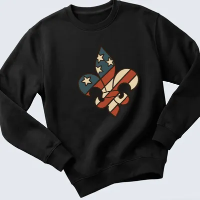 Bold Fleur De Lis on an American flag background with red, white, blue, and cream colors. — printed on a unisex sweatshirt