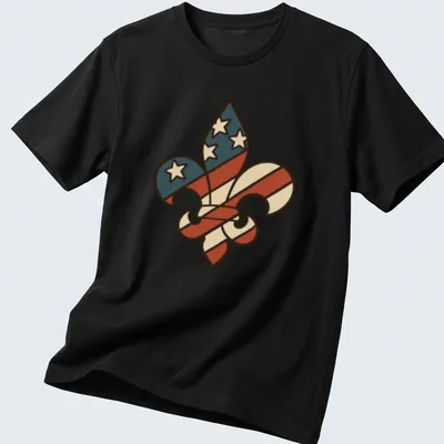Bold Fleur De Lis on an American flag background with red, white, blue, and cream colors. — printed on a unisex t-shirt