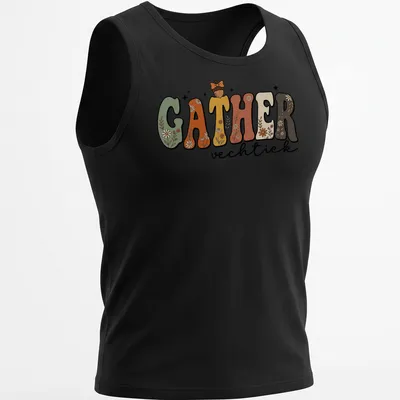 Cottagecore style t-shirt featuring floral autumn design with the word GATHER vechtick — printed on a tank top