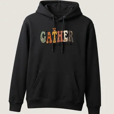 Cottagecore style t-shirt featuring floral autumn design with the word GATHER vechtick — printed on a unisex hoodie