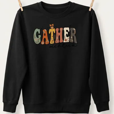Cottagecore style t-shirt featuring floral autumn design with the word GATHER vechtick — printed on a unisex sweatshirt
