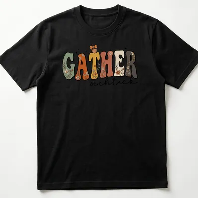 Cottagecore style t-shirt featuring floral autumn design with the word GATHER vechtick