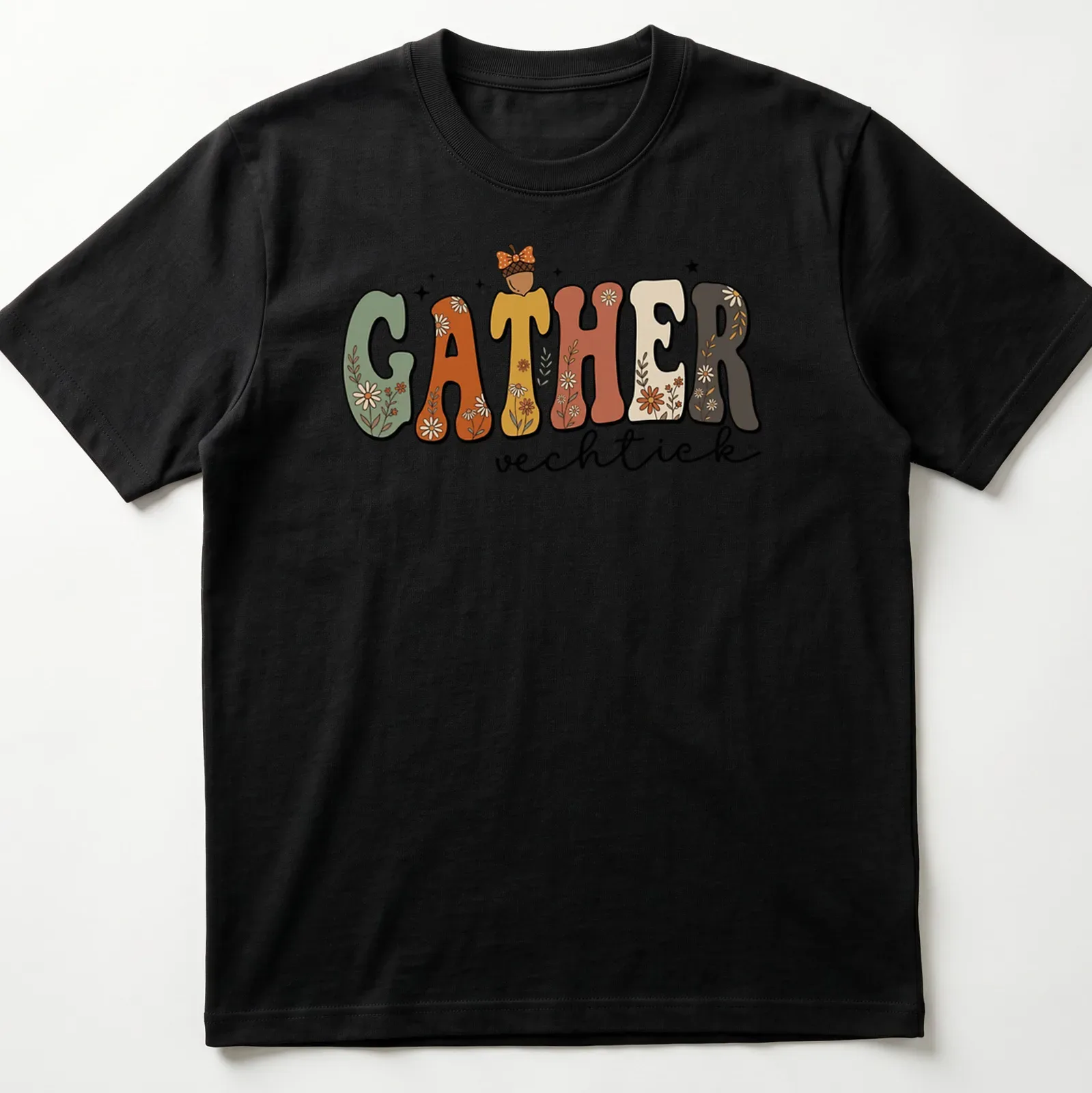 Cottagecore style t-shirt featuring floral autumn design with the word GATHER vechtick — printed on a unisex t-shirt