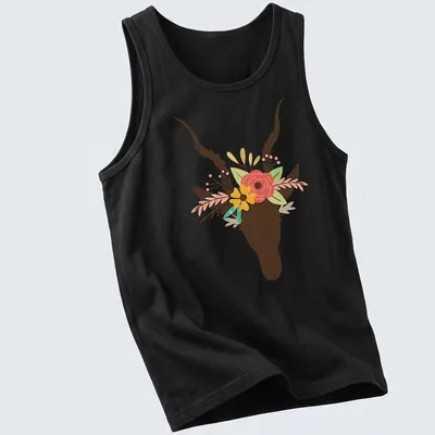 Boho floral illustration of a deer skull decorated with colorful flowers — printed on a tank top
