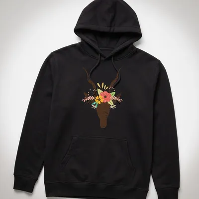 Boho floral illustration of a deer skull decorated with colorful flowers — printed on a unisex hoodie
