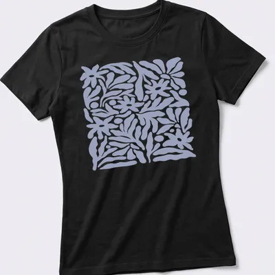 Abstract floral pattern with light blue flowers on a — printed on a women's shirt