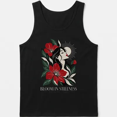 Illustrative design of a woman among flowers with 'BLOOM IN STILLNESS' text — printed on a tank top