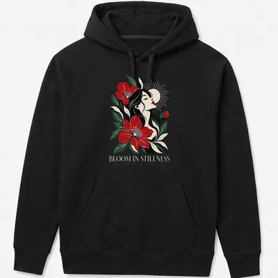 Illustrative design of a woman among flowers with 'BLOOM IN STILLNESS' text — printed on a unisex hoodie
