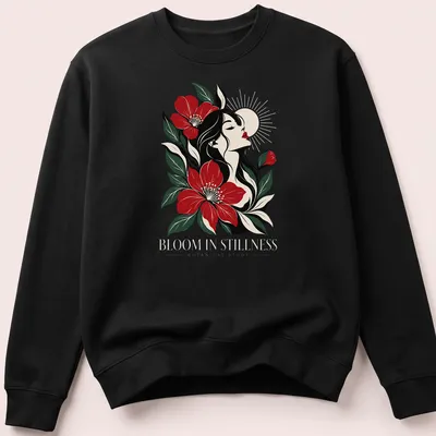 Illustrative design of a woman among flowers with 'BLOOM IN STILLNESS' text — printed on a unisex sweatshirt