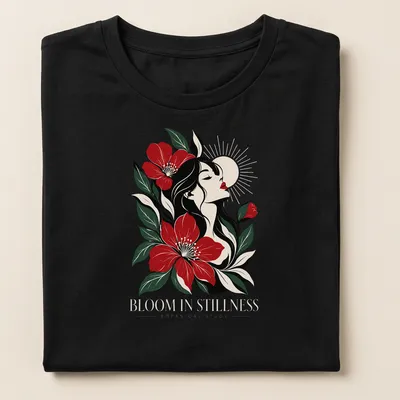 Illustrative design of a woman among flowers with 'BLOOM IN STILLNESS' text — printed on a women's shirt