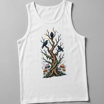 Illustrative design of a forest tree with crows and colorful mushrooms — printed on a tank top