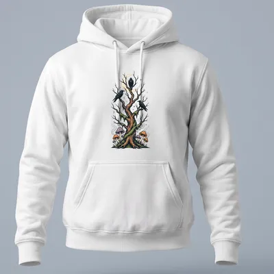 Illustrative design of a forest tree with crows and colorful mushrooms — printed on a unisex hoodie