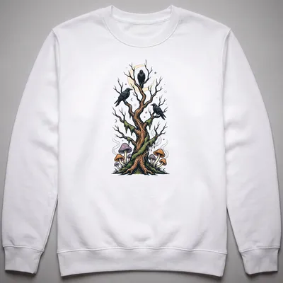 Illustrative design of a forest tree with crows and colorful mushrooms — printed on a unisex sweatshirt