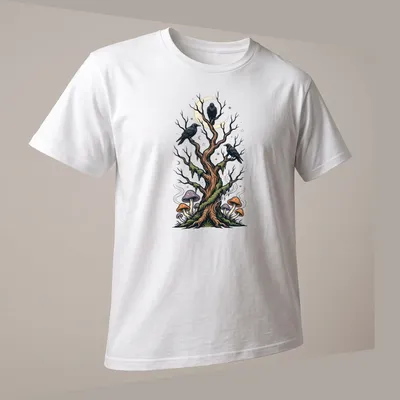 Illustrative design of a forest tree with crows and colorful mushrooms — printed on a unisex t-shirt (angled view)
