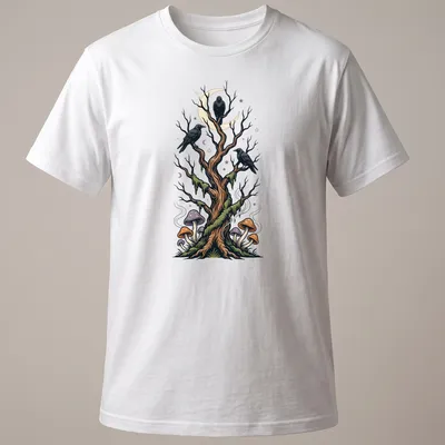 Illustrative design of a forest tree with crows and colorful mushrooms
