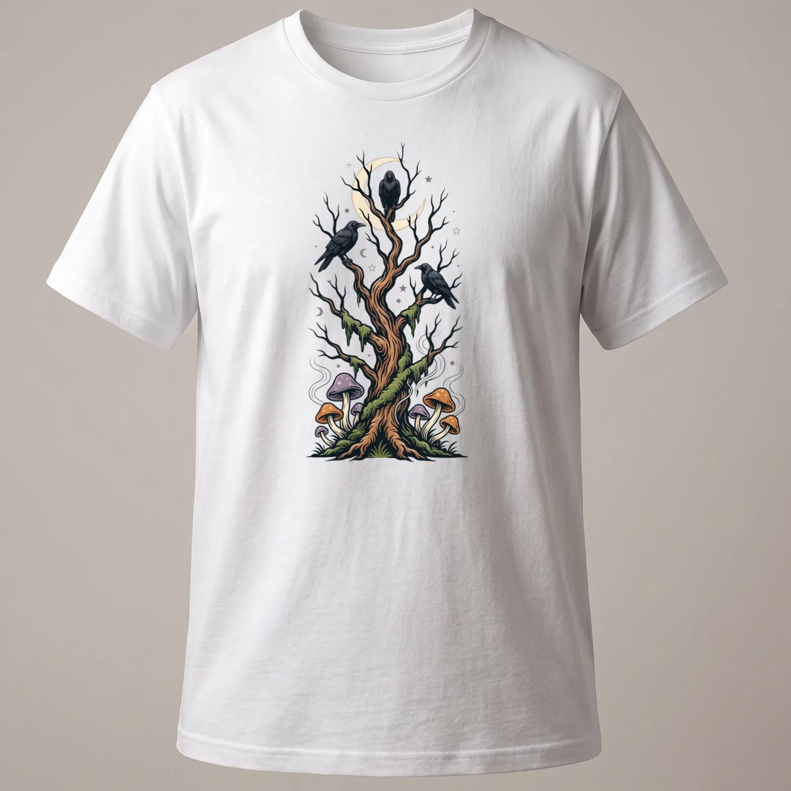 Illustrative design of a forest tree with crows and colorful mushrooms — printed on a unisex t-shirt