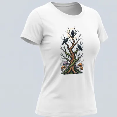 Illustrative design of a forest tree with crows and colorful mushrooms — printed on a women's shirt