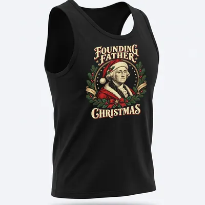 Vintage illustration of George Washington in a Christmas hat with festive text. — printed on a tank top
