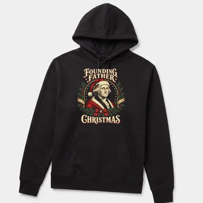 Vintage illustration of George Washington in a Christmas hat with festive text. — printed on a unisex hoodie