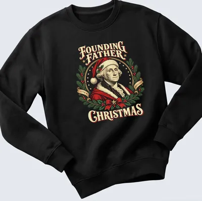 Vintage illustration of George Washington in a Christmas hat with festive text. — printed on a unisex sweatshirt