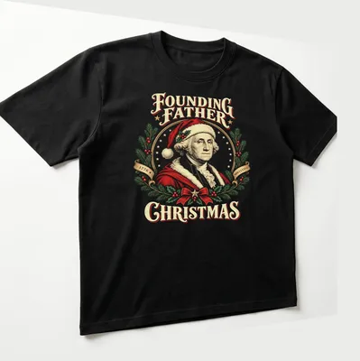 Vintage illustration of George Washington in a Christmas hat with festive text. — printed on a unisex t-shirt (angled view)