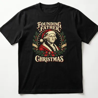 Vintage illustration of George Washington in a Christmas hat with festive text. — printed on a unisex t-shirt