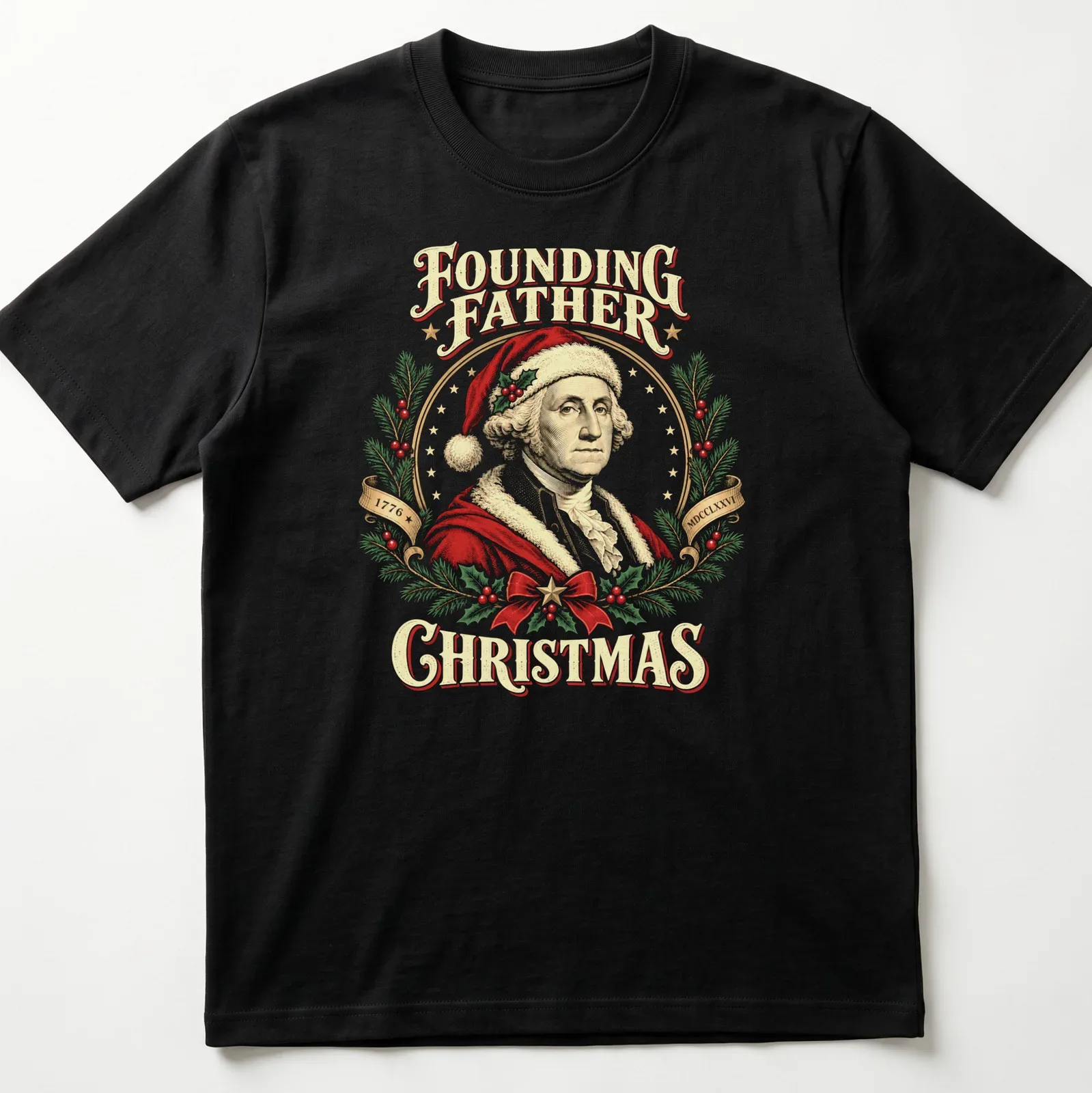 Vintage illustration of George Washington in a Christmas hat with festive text. — printed on a unisex t-shirt