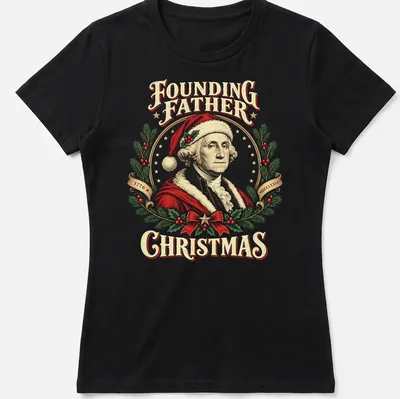 Vintage illustration of George Washington in a Christmas hat with festive text. — printed on a women's shirt