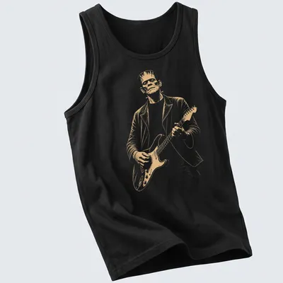 Vintage style Frankenstein playing guitar in white, gold, and black — printed on a tank top