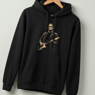 Vintage style Frankenstein playing guitar in white, gold, and black — printed on a unisex hoodie