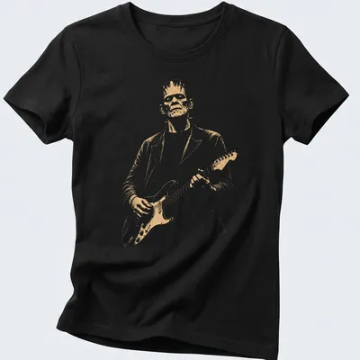 Vintage style Frankenstein playing guitar in white, gold, and black — printed on a women's shirt