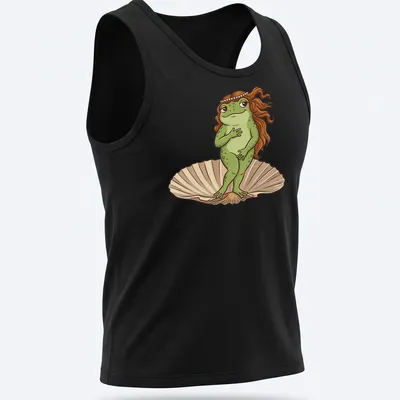 Cartoon frog in a classic pose, featuring shades of green and brown — printed on a tank top