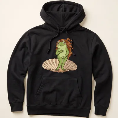 Cartoon frog in a classic pose, featuring shades of green and brown — printed on a unisex hoodie