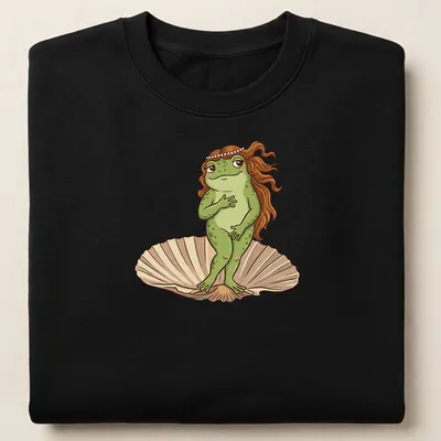 Cartoon frog in a classic pose, featuring shades of green and brown — printed on a unisex sweatshirt