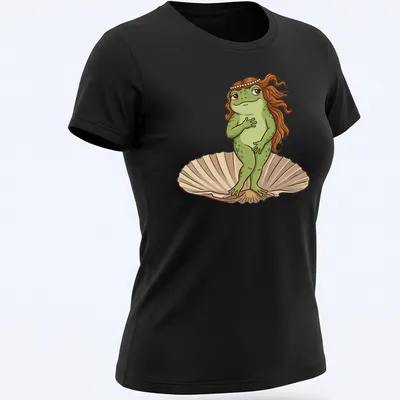 Cartoon frog in a classic pose, featuring shades of green and brown — printed on a women's shirt