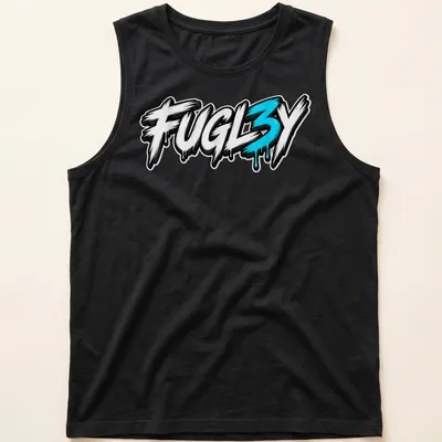 Bold graffiti style FUGL3Y text printed in black, white, and blue. — printed on a tank top