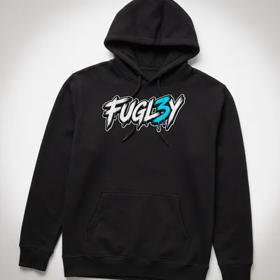 Bold graffiti style FUGL3Y text printed in black, white, and blue. — printed on a unisex hoodie