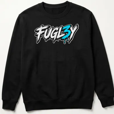 Bold graffiti style FUGL3Y text printed in black, white, and blue. — printed on a unisex sweatshirt